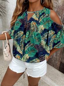 Travachic Blusa holgada con hombros descubiertos, estampado tropical de plantas y cuello con abertura, talla grande, para vacaciones de verano