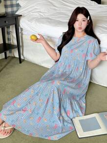 Dazy Plus 加大码花卉印花宽松圆领长款休闲女童睡袍，返校服睡衣