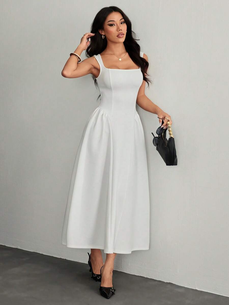 SHEIN PETITE Elegant Sleeveless Solid Color Dress, Summer - White - View 1