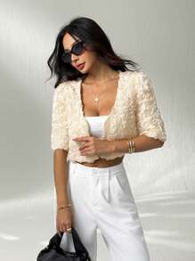 SHEIN PETITE Women's 3D Floral Decor Short Sleeve Fashionable Elegant Jacket ,Petite Women - Apricot - View 4