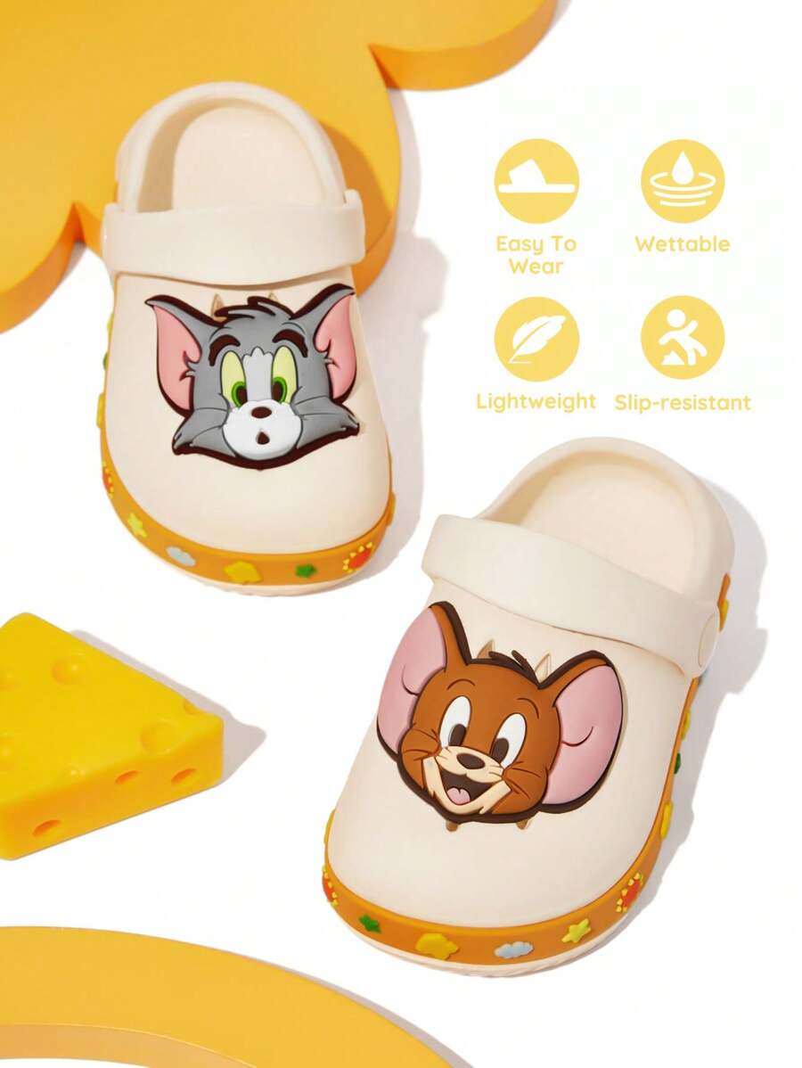 TOM & JERRY X SHEIN Witte cartoon ademende sandalen voor baby's, EVA-materiaal, lichtgewicht, antislip, teenbeschermend, waterbestendig, geschikt voor binnen en buiten, unisex voor jongens en meisjes