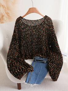 CosyJoli Plus Size Colorful Polka Dot Hollow Crew Neck Long Sleeve Sweater Pullover,Slightly Sheer,Fall Clothes For Women Autumn - Black - View 2