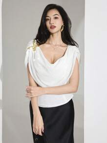 Heiryn Women's Butterfly Decor Polka Dot Print Loose Draped Neck Blouse Old Money Style,Airport Wedding Guest Fall - White - View 1