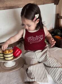 Hapijoa 2件套婴幼儿女童圆领吊带背心和宽松条纹阔腿裤家居服套装 - 紅色 - 查看 3