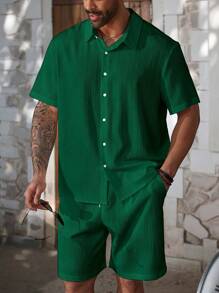 Manfinity Homme Plus Size Men's Solid Color Short Sleeve Shirt And Shorts Casual Set For Summer - Dark Green - View 6