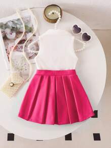 SHEIN Baby Girl Cute Cartoon Print Knitted Sleeveless Top And Elastic Waist Pleated Skirt Set, Summer