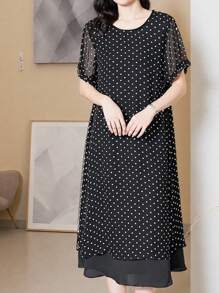 DAZY Plus Size Women's Polka Dot Patchwork Solid Color Chiffon Business Casual Elegant Summer Dress, Regular, Spring/Summer/Autumn - Multicolor - View 4