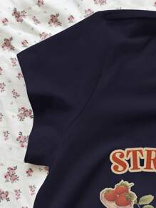 女士字母和草莓印花圆领短袖休闲 T 恤图案 T 恤女式上衣 - 藏蓝色 - 查看 4
