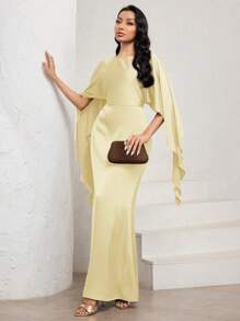 Veilorie فستان طويل ساتان بأكمام كيب أنيقة بياقة مستديرة للنساء، بذيل سمكة لون بني موكا