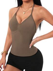 Easithlete Women's Plain Color Ruched Casual Sports Top - Brown - View 6