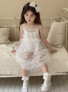 DAZY Young Girl Casual Mesh Trim Refreshing Mid-Length Dress, Girls Summer Outfits - Apricot - View 1