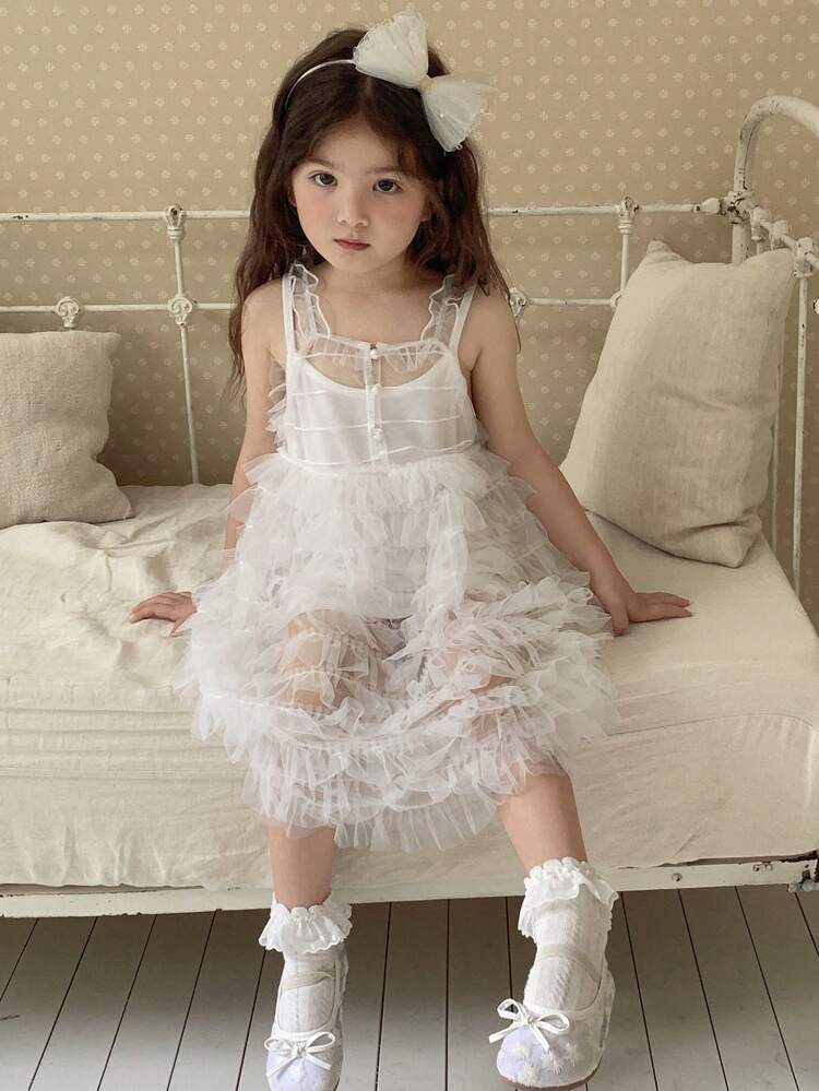 Young Girl Casual Mesh Trim Refreshing Mid-Length Dress, Girls Summer Outfits