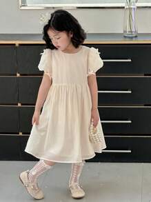 DAZY Vestido mini de verano de estilo coreano dulce y lindo con mangas abullonadas para niñas jóvenes - Albaricoque - Ver 5