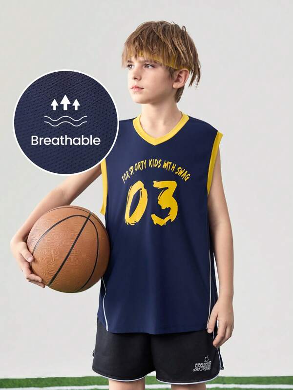 JNSQ 青少年男孩返校户外运动背心，儿童圆领拼色趣味字母印花户外运动背心