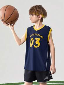 JNSQ Tween Boy Back To School Outdoor Sports Vest, Children's Crew Neck Colorblock Funny Letter Print Outdoor Sports Tank Top