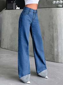 SHEIN Tall HIGH WAIST100%Cotton Rolled Up Wide Leg Jeans - Light Wash - View 3
