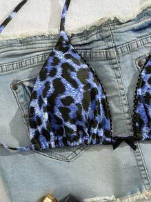 Swim Vcay 豹纹肩带性感吊带女式比基尼上衣 - 藍色 - 查看 4