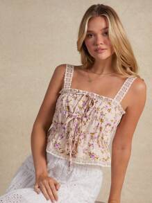 WESTFADE 夏季西部花卉印花编织钩编蕾丝肩带蝴蝶结前片层叠荷叶边下摆牛仔背心