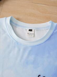 FRIENDS X SHEIN Elena Ilustra Camiseta de manga corta y cuello redondo con estampado gráfico minimalista, talla grande, para verano