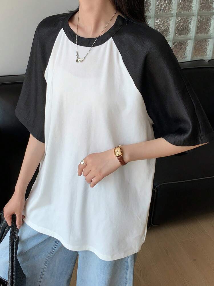 Women Summer Casual Color Block Raglan Sleeve Loose Streetwear Short Sleeve T-Shirt