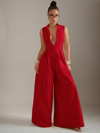 Hauture Extreme Wide Leg Zip Front Sleeveless Jumpsuit