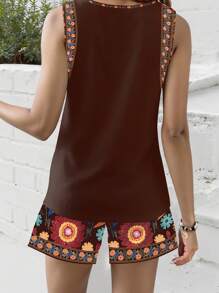 2pcs Women Plus Size Casual Flower Print Sleeveless Top Set, Comfortable Floral Pattern Suitable For Spring/Summer Vacation - Brown - View 2