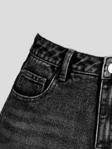 SHEIN Girlism 少女休闲黑色口袋纽扣前开阔腿牛仔裤 - 深灰色 - 查看 3