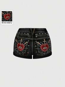 Gothic Palace Style Women's Denim Shorts With Heart Embroidery, Rhinestone, Crystal Teardrop & Star Decor - Black - View 1