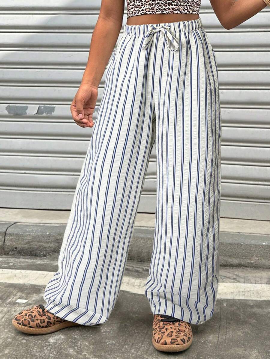 Coolane Kids Tween Girls Spring/Summer /Streetwear Striped Textured White Baggy Pants - Beige - View 1