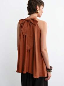 Aalyst Women's New Summer Woven Solid Tie-Neck Pleat Trim Sleeveless Shirt Blouse