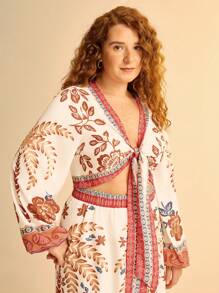 CAJUNI Plus Size Mulheres Boho Férias Floral & Planta Retro Estampa V Alça Amarrada Férias Casual Manga Longa Top Curto - Multicolorido - Ver 6