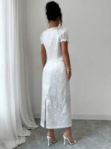 Elenzga Conjunto de 2 piezas de blusa de manga corta y falda de jacquard elegante para mujer - Blanco - Ver 2