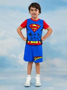 SUPERMAN X SHEIN 男童卡通超级英雄图案蓝红宽松短袖T恤和短裤两件套 - 藍色 - 查看 7