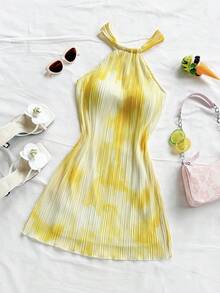 Soleia 女士彩色扎染花卉褶皱印花无袖 A 字形宽松迷你连衣裙，度假风 - 彩色 - 查看 7