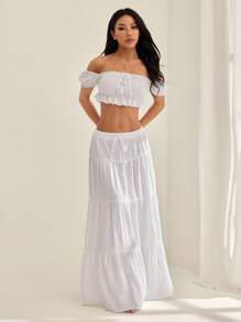 SHEIN PETITE Women's Vacation Style Off Shoulder Ruffle Hem Crop Top And Drawstring Waist Tiered Hem Maxi Skirt Set, Summer - White - View 6