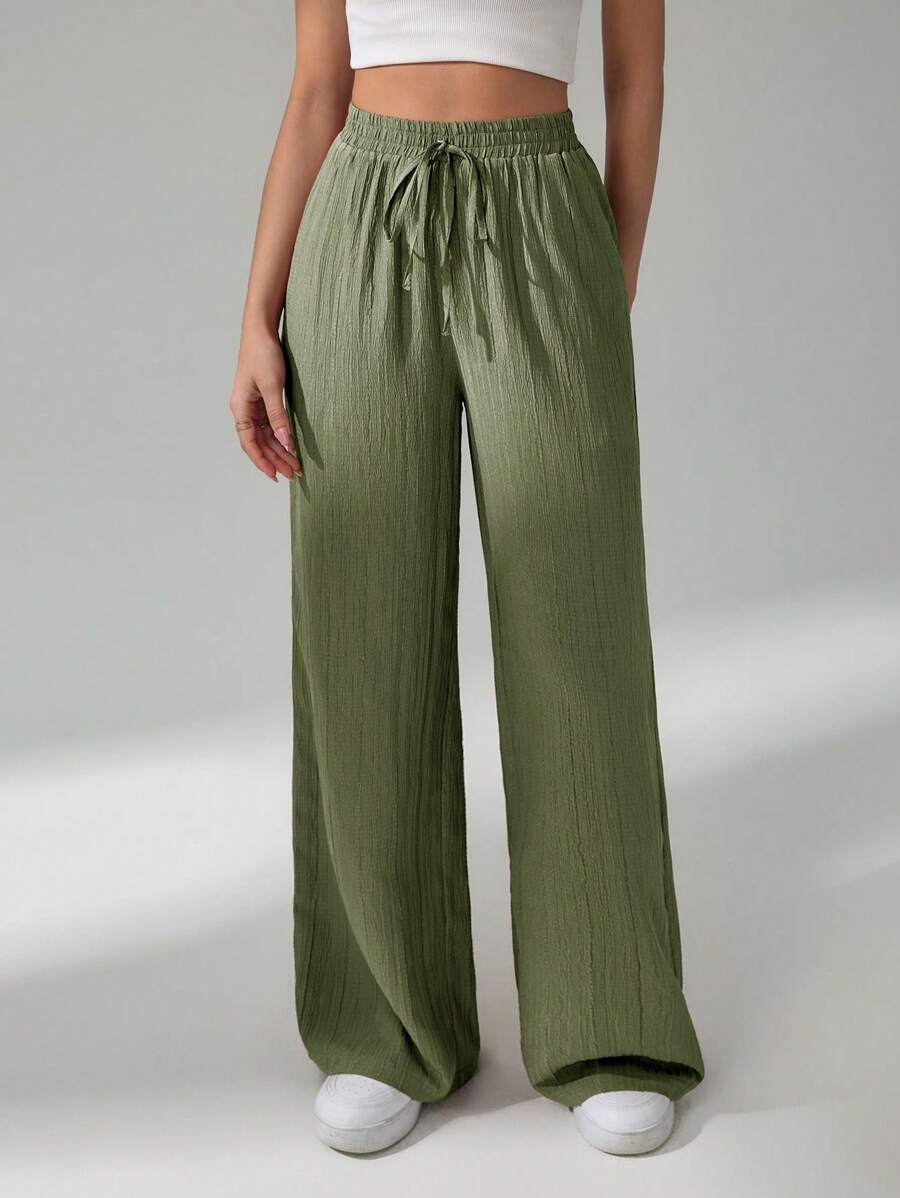 SHEIN Tall Women's Casual Solid Color Straight Leg Pants - Green - View 1