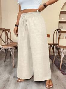 SHEIN PETITE 大码休闲裤，松紧腰带蝴蝶结带 - 杏色 - 查看 6