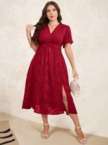 SHEIN Clasi Plus Size Women Floral Jacquard Ruffle Hem Slit Side Hem Elegant Mini Dress Red Wine Midi Dress Midi Wedding Guest Dress Formal Midi Dress Red Floral Midi Dress Plus Size Midi Dress - Red - View 3