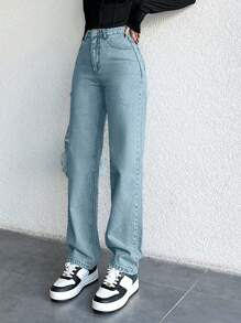 SHEIN PETITE 女式简约休闲口袋纽扣直筒牛仔裤 - 淺藍色 - 查看 3