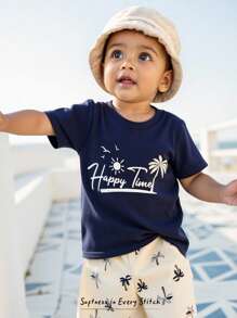 Cozy Pixies 2pcs Baby Boy Coconut Tree Pattern Knitted Soft Round Neck Short Sleeve Top And Elastic Waist Shorts Set