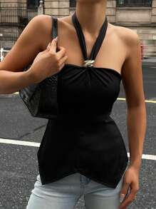 DAZY Women's Summer Halter Neck Metal Decor Cinched Waist Camisole Halter Top School Going Out Tops - Black - View 4
