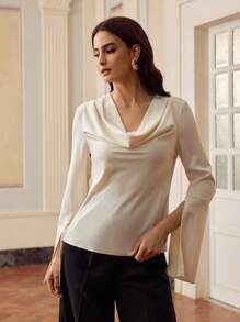 ZEYLAH Women's Solid Color Draped Neck Split Sleeve Elegant Blouse Fall Cloth For Women - Apricot - View 5