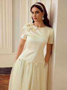 ZEYLAH Solid Color Contrast Mesh Floral 3D Elegant Dress - Beige - View 6