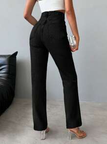 EURMUSE 100%Cotton High Waist Straight Leg Jeans - Black - View 2