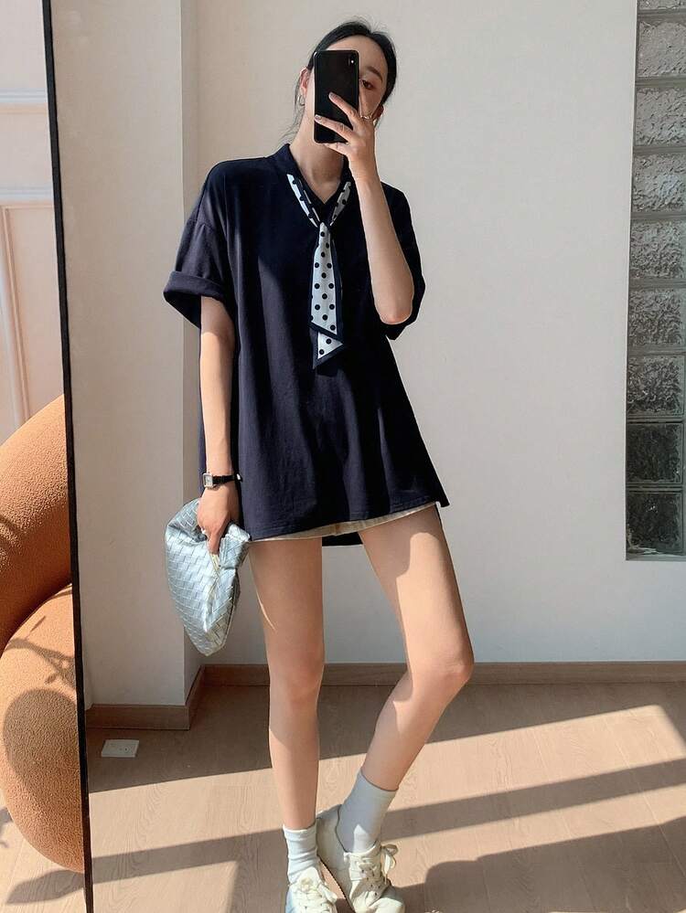 Women's Loose Fit Mid-Length Navy Collar Top, College Style For Summer