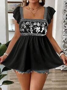 SHEIN Holidaya 大码女式方领无袖荷叶袖刺绣收腰度假风白色衬衫 - 黑色 - 查看 4