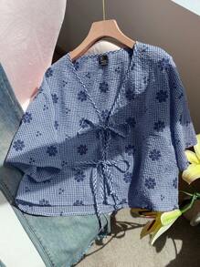 Comfortcana Chemise à manches tombantes à motif pied-de-poule bleu marine pour femmes