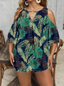 Travachic Blusa holgada con hombros descubiertos, estampado tropical de plantas y cuello con abertura, talla grande, para vacaciones de verano