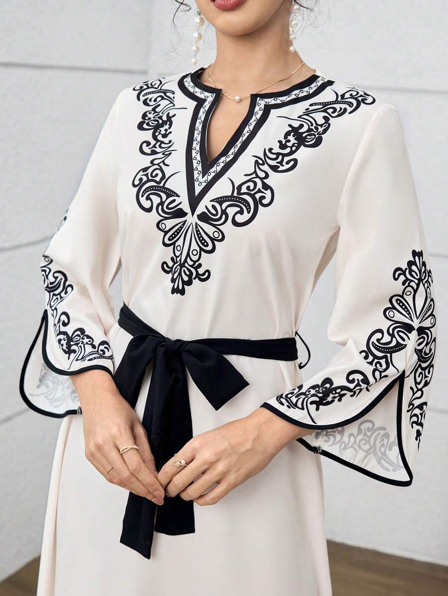 Yasmyna Women Floral Print V-Neck Split Sleeve Arabic Style Dress