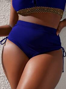 Slaydiva Plus Size Solid Color High Waist Side Drawstring Swimwear Bottom For Summer Beach Vacation - Royal Blue - View 2